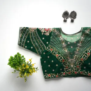 Green Blouse Taffeta Silk Blouse with Golden Embroidery and Sequin Touch