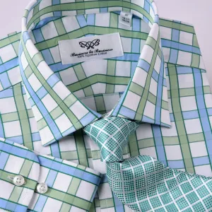 Green Blue Herringbone Twill Checkered Striped Formal Business Dress Shirt Luxury Design