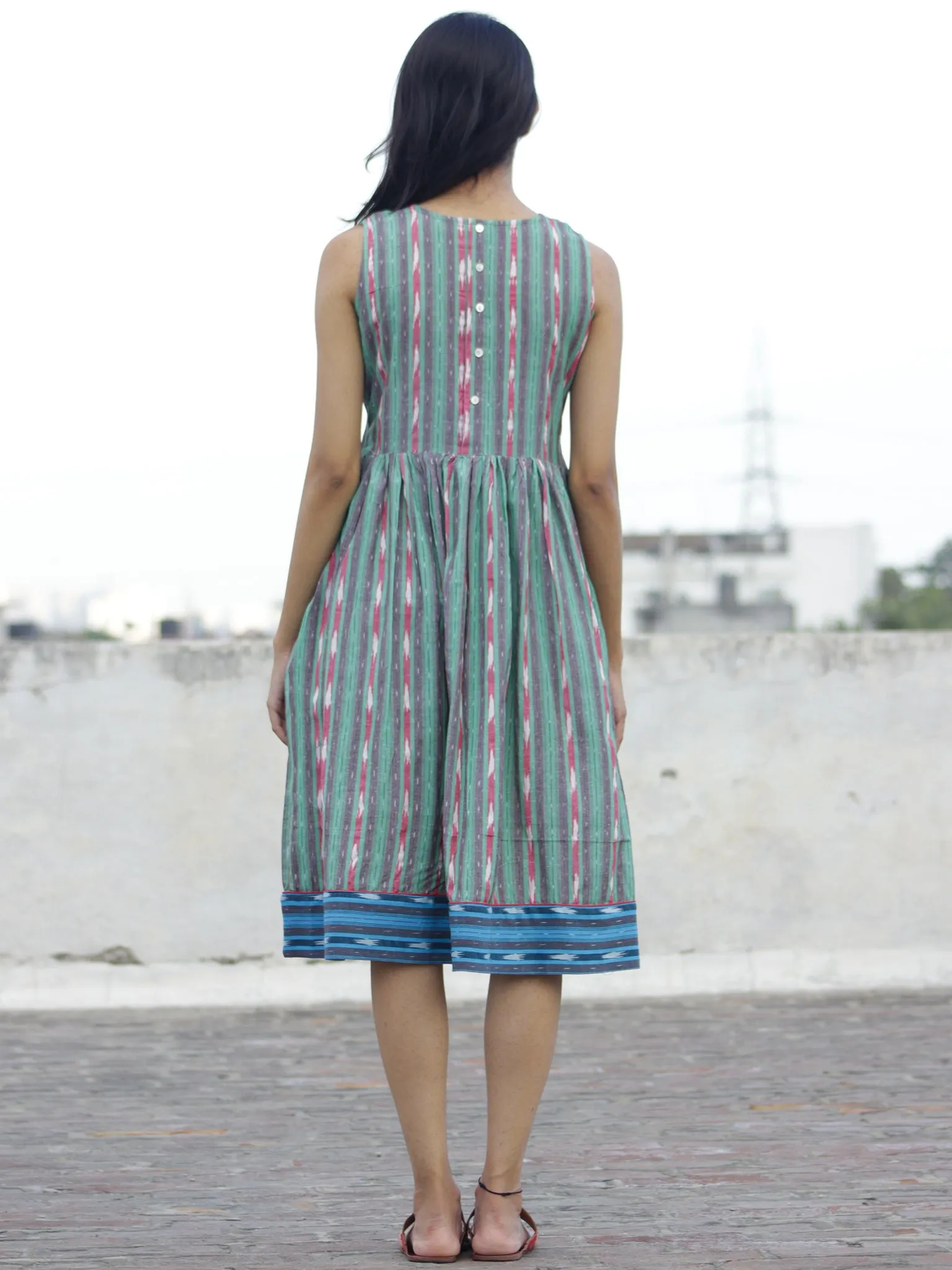 Green Blue Ivory Handwoven Ikat  Sleeveless Dress With Side Pockets-  D68F924