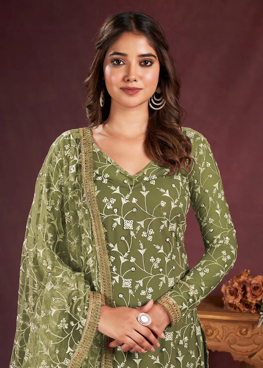 Green Butterfly Net Embroidered Festive Salwar Suit