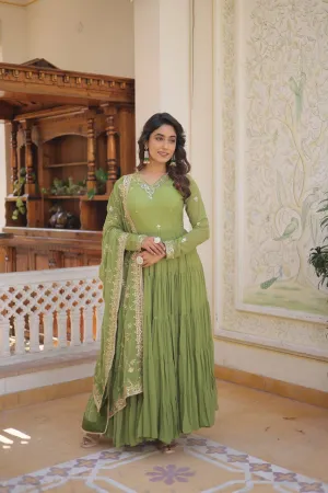 Green Captivating Unique Colored Faux Georgette Embroidered Gown with Sequined Dupatta