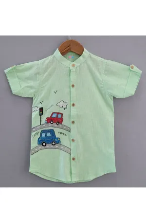 Green Car On Road Handpainted Stylish Linen Shirt