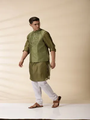 Green Chanderi Men Nehru Jacket