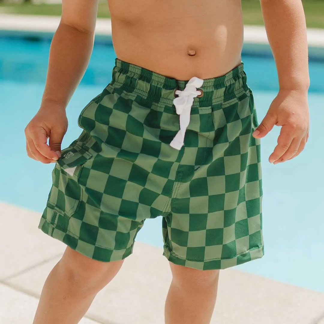 Green Check Jr. Swim Trunks