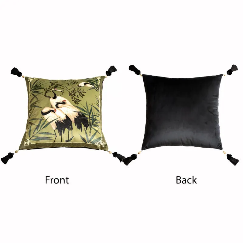 Green Chinese Style Auspicious Crane and Bamboo Series Throw Pillow