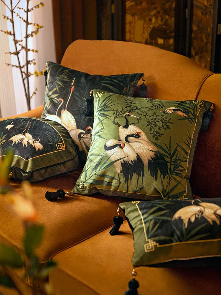 Green Chinese Style Auspicious Crane and Bamboo Series Throw Pillow