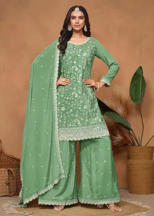 Green Chinnon Resham & Sequins Embroidered Palazzo Suit