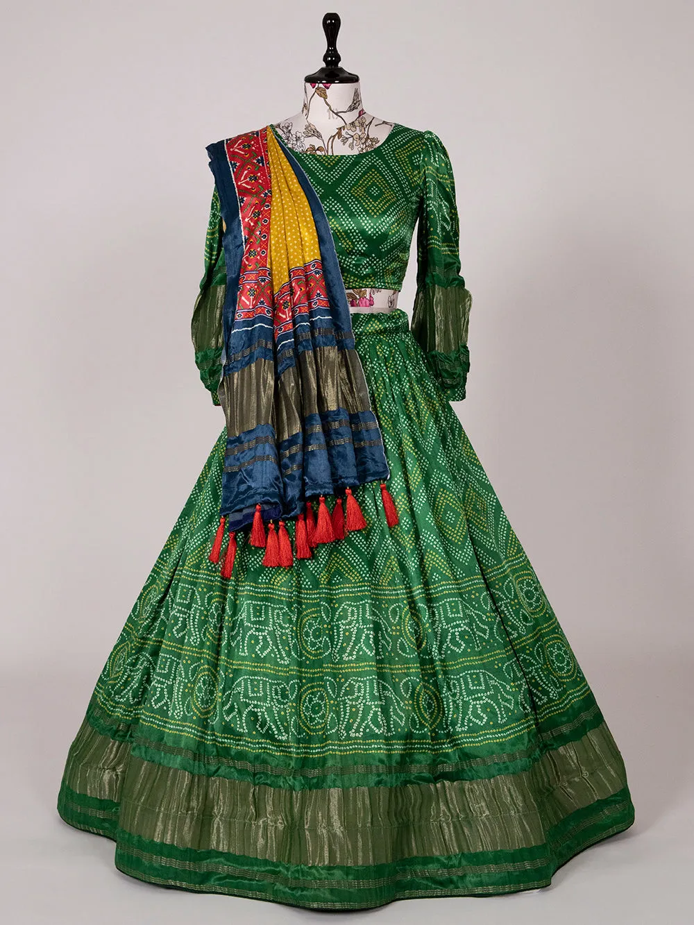 Green Color Bandhani Printed Pure Gaji Silk Gujarati Chaniya Choli