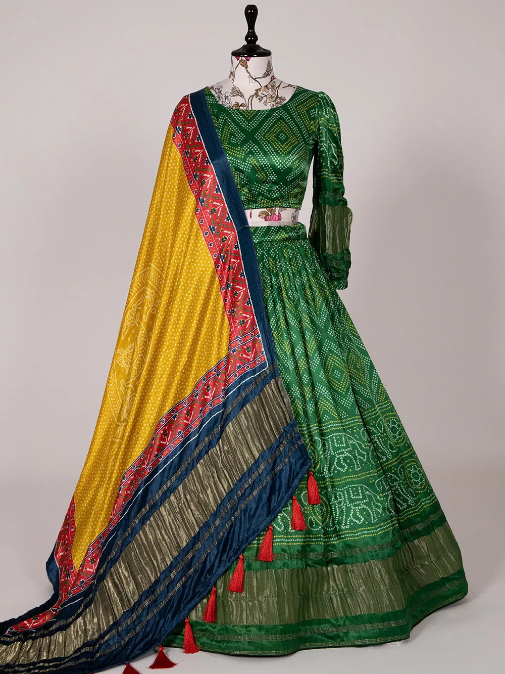 Green Color Bandhani Printed Pure Gaji Silk Gujarati Chaniya Choli