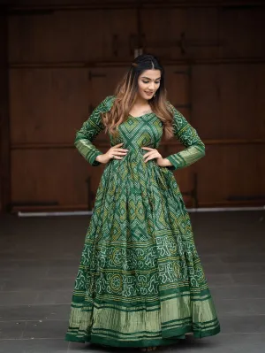 Green Color Digital Bandhej Printed Pure Gaji Silk Gown