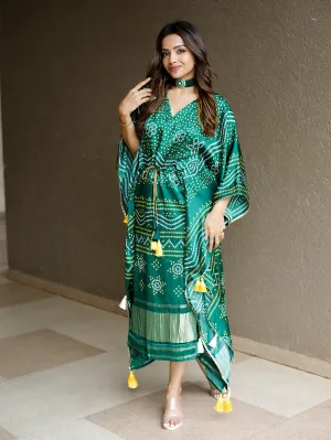 Green Color Digital Bandhej Printed Pure Gaji Silk Kaftan