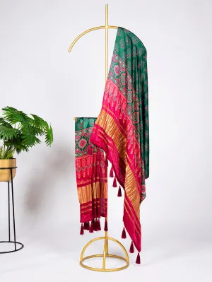 Green Color Digital Print And Lagadi Patta Pure Gaji Silk With Tassels