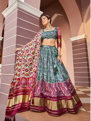 Green Color Digital Printed Pure Gaji Silk Lehenga Choli