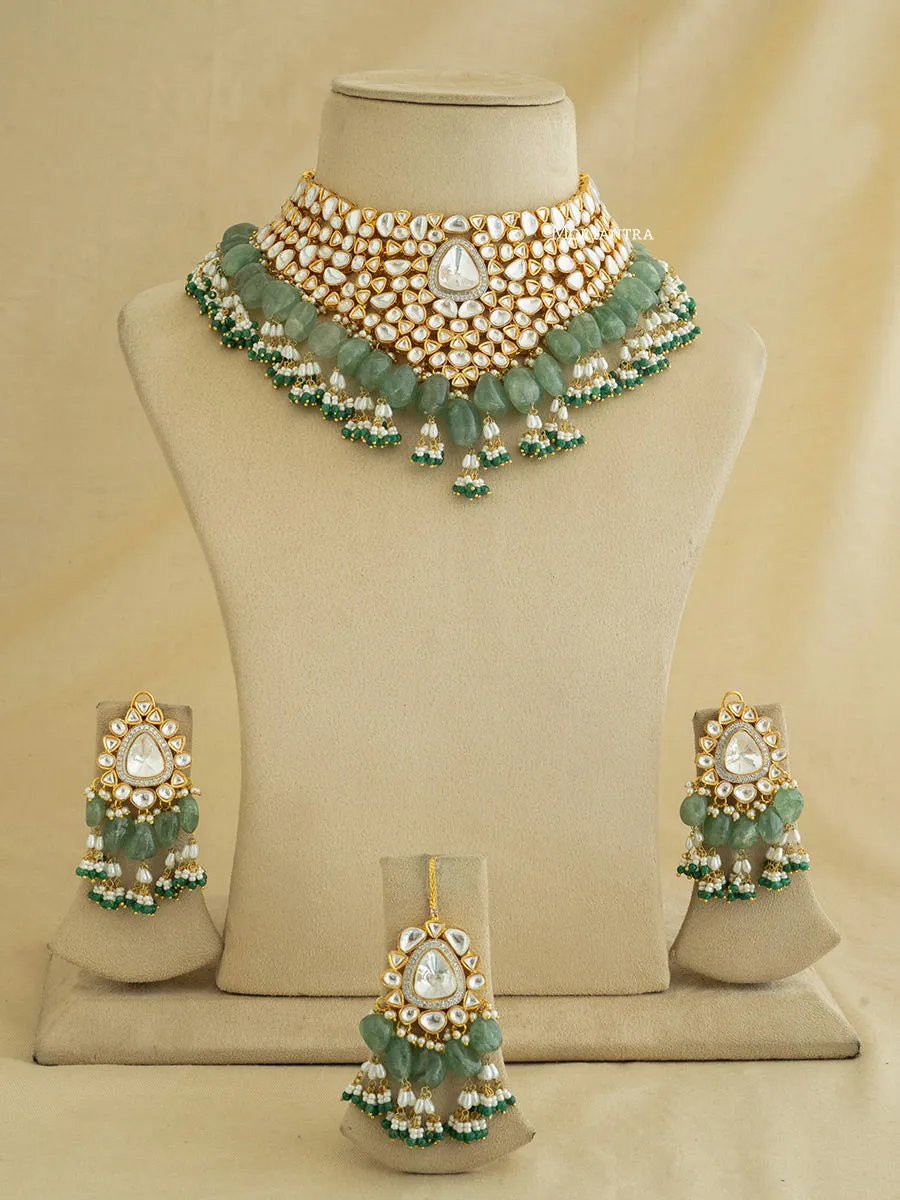 Green Color Gold Plated Faux Polki Bridal Necklace Set - PK-S64