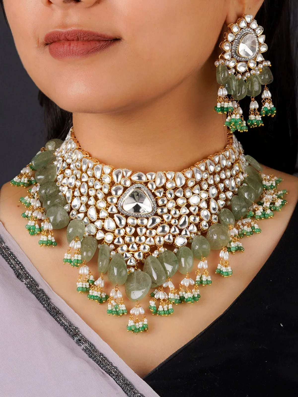 Green Color Gold Plated Faux Polki Bridal Necklace Set - PK-S64