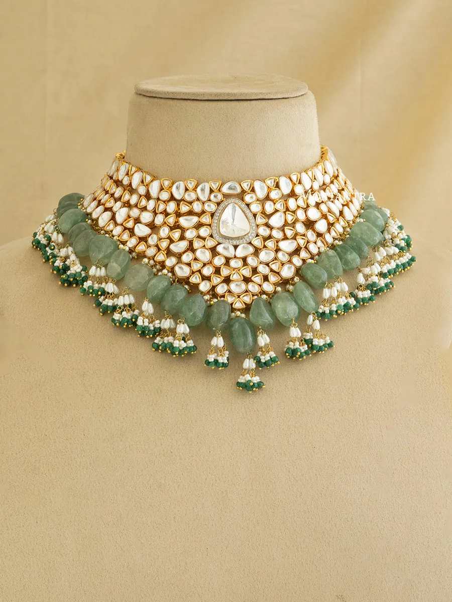 Green Color Gold Plated Faux Polki Bridal Necklace Set - PK-S64