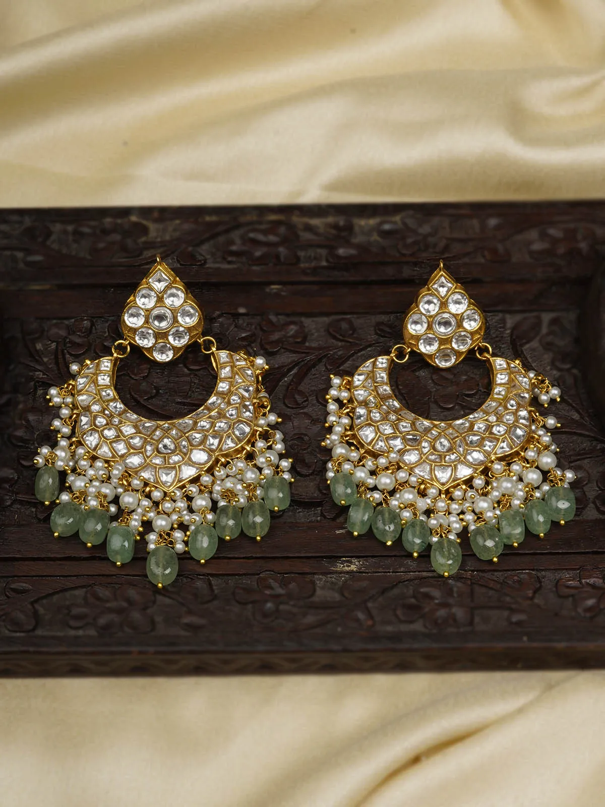 Green Color Gold Plated Thappa Jadau Kundan Earrings - TJ-E93