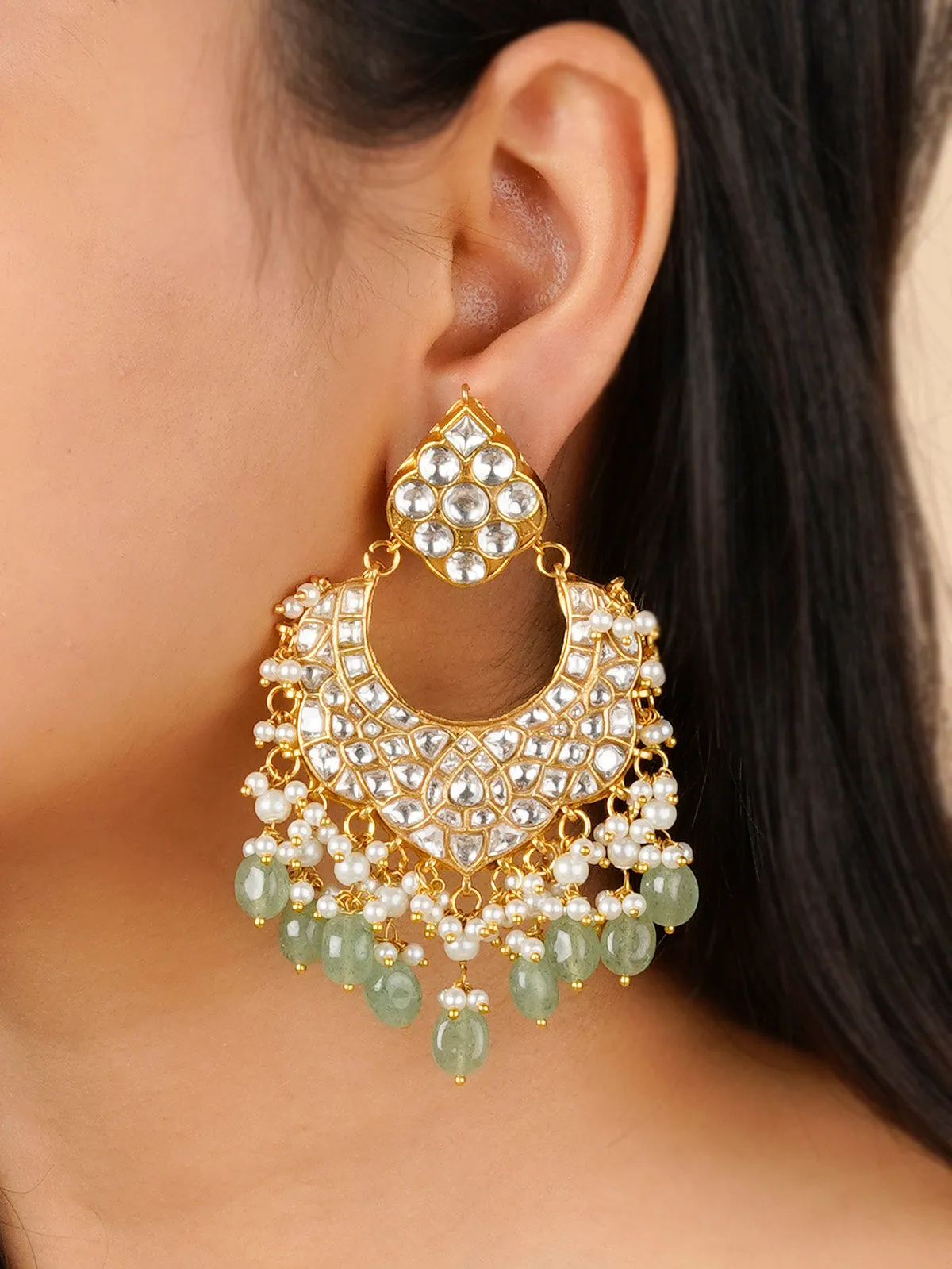 Green Color Gold Plated Thappa Jadau Kundan Earrings - TJ-E93