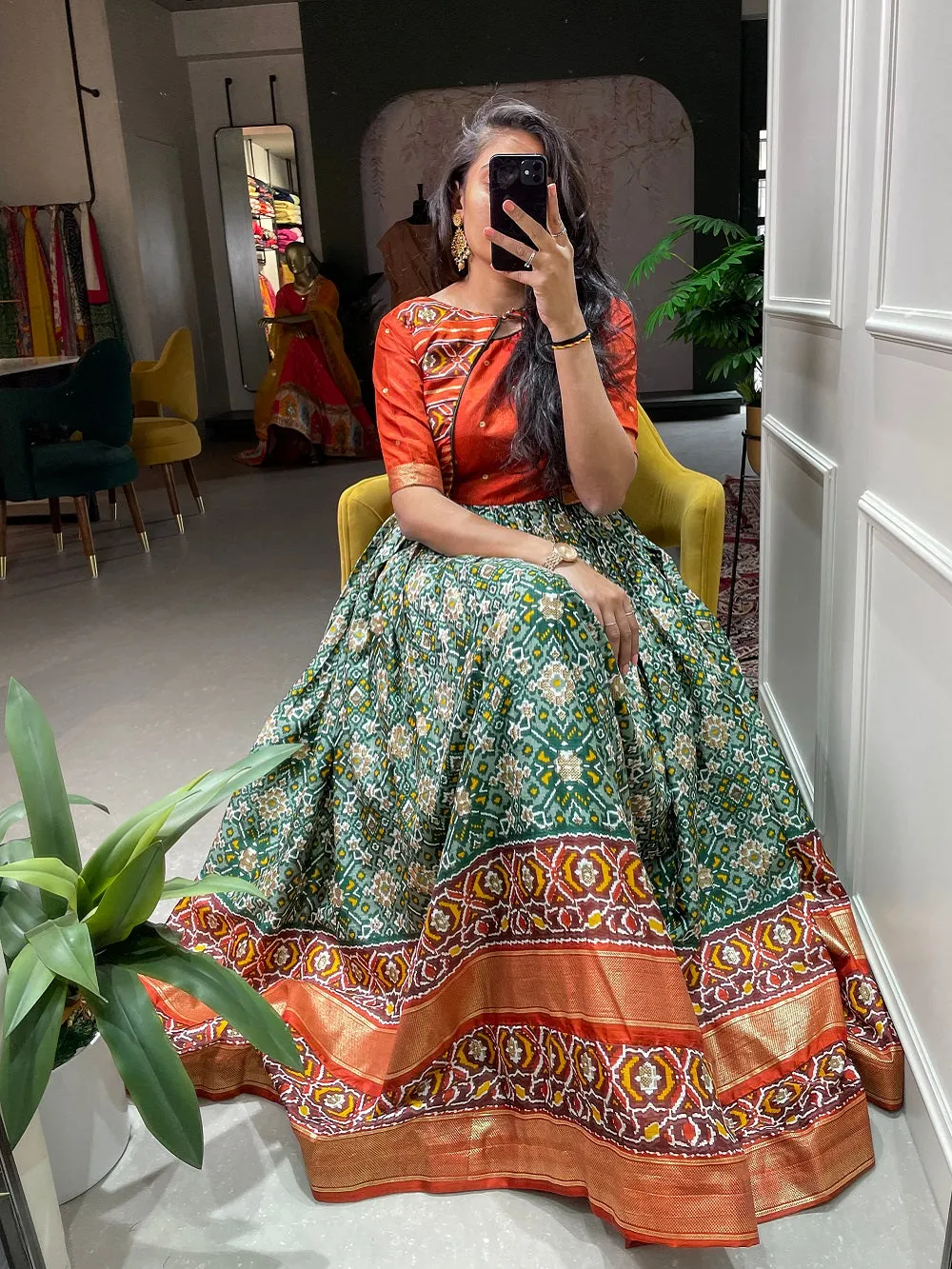 Green Color Patola Paithani Printed And Foil Printed Dola Silk Gown