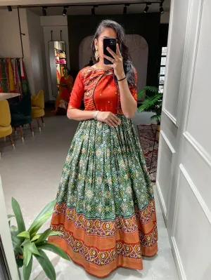 Green Color Patola Paithani Printed And Foil Printed Dola Silk Gown