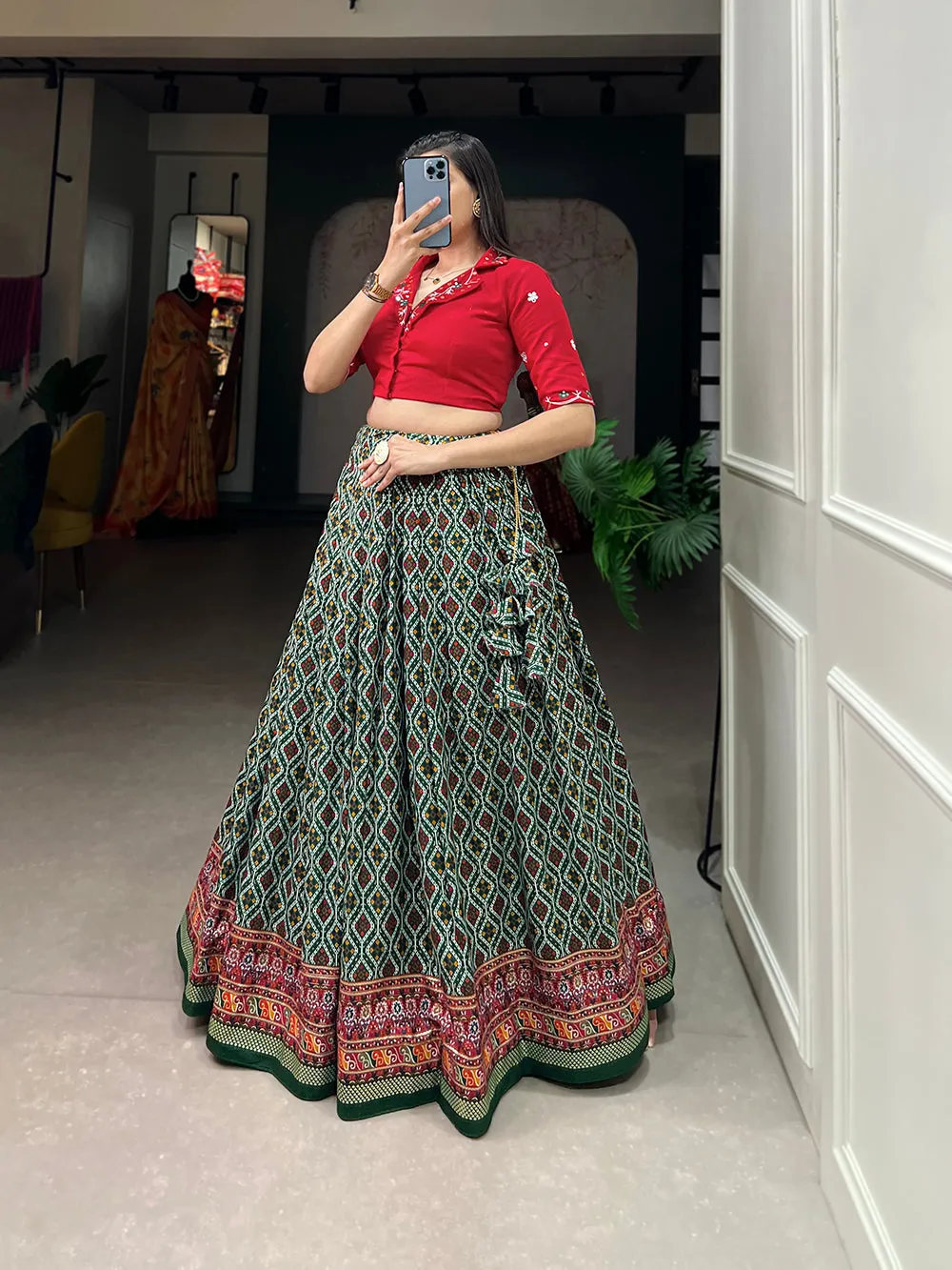 Green Color Patola With Foil Print Rayon Cotton Co-ord Set Lehenga Choli