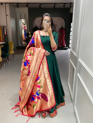 Green Color Plain with Zari Weaving Work Patta Chinon Dress