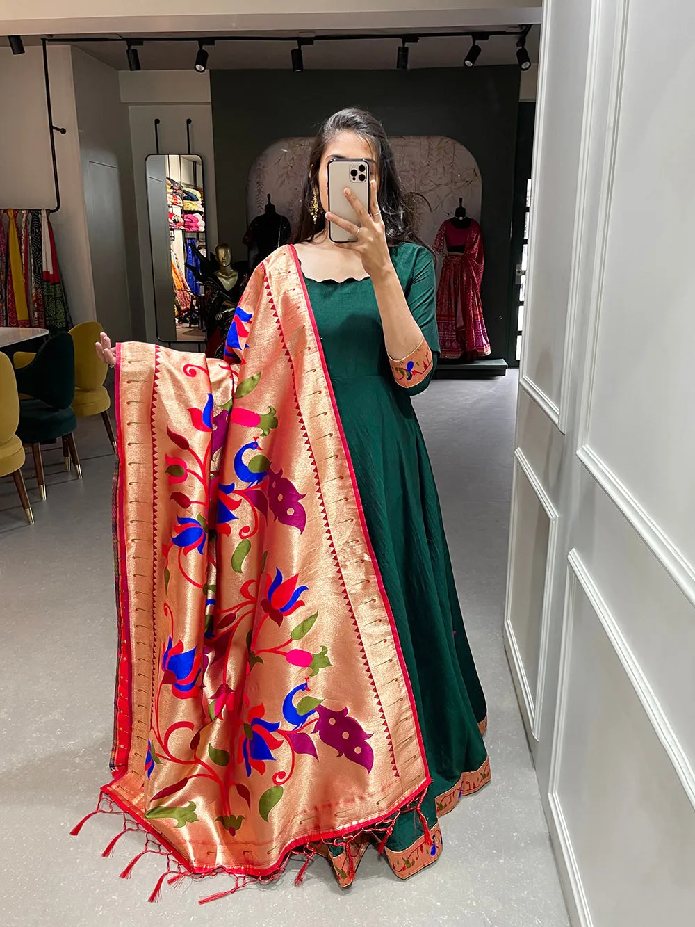 Green Color Plain with Zari Weaving Work Patta Chinon Dress