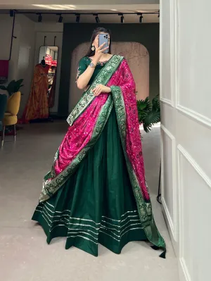 Green Color Pure Cotton Lehenga & Gaji Silk Dupatta Set with Gota & Mirrorwork