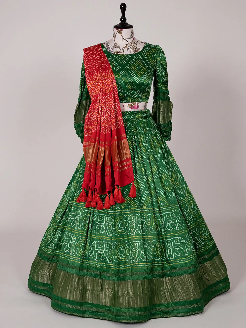 Green Color Pure Gaji Silk Navratri Ghaghra Choli