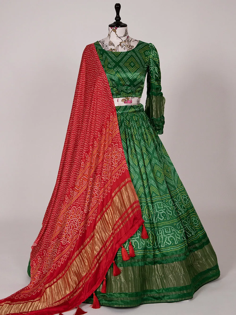 Green Color Pure Gaji Silk Navratri Ghaghra Choli