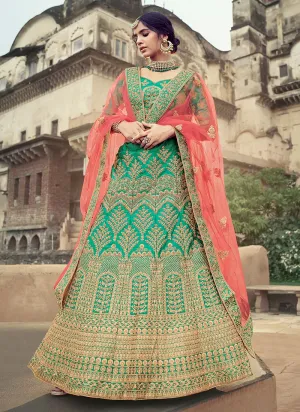 Green Color Satin Material Stone And Dori Work Lehenga