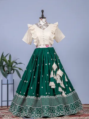 Green Color Sequins & Lucknowi Work Pure Cotton Two Piece Lehenga Choli