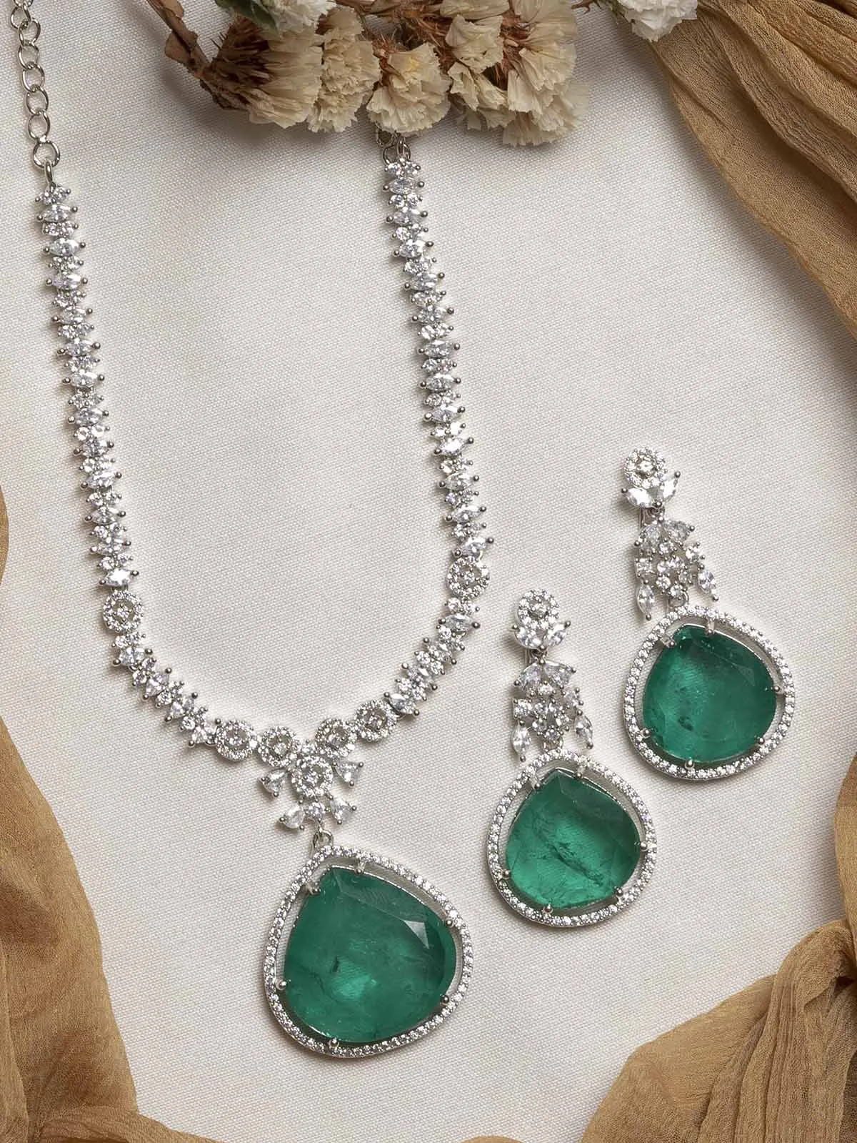 Green Color Silver Plated Faux Diamond Necklace Set - CZSET293GR