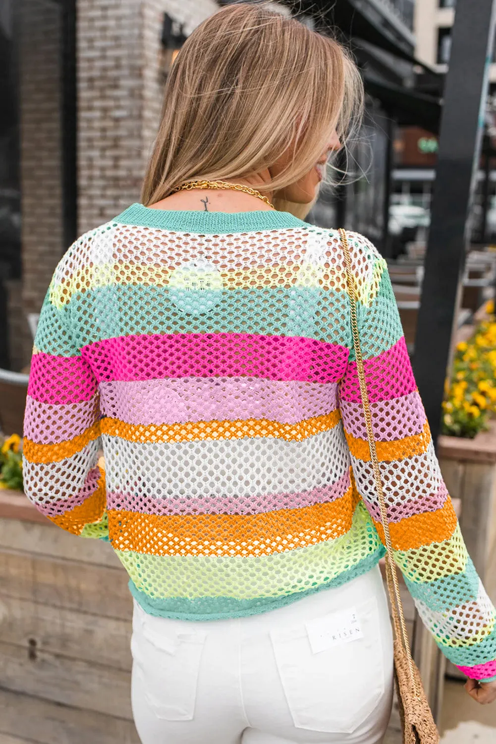 Green Colorblock Striped Hollow Knitted Top