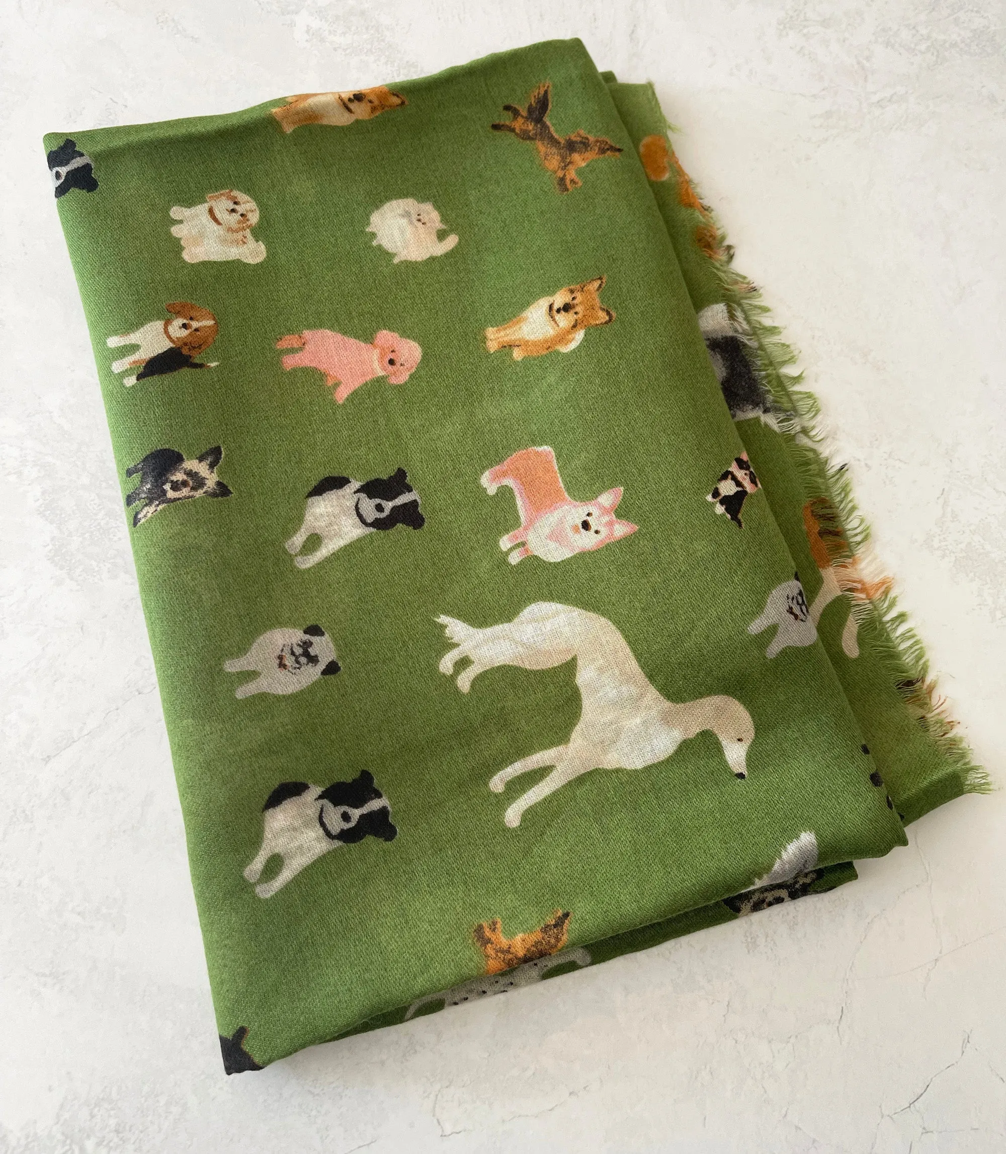 GREEN COTTON BLEND DOG PRINT LIGHTWEIGHT SCARF