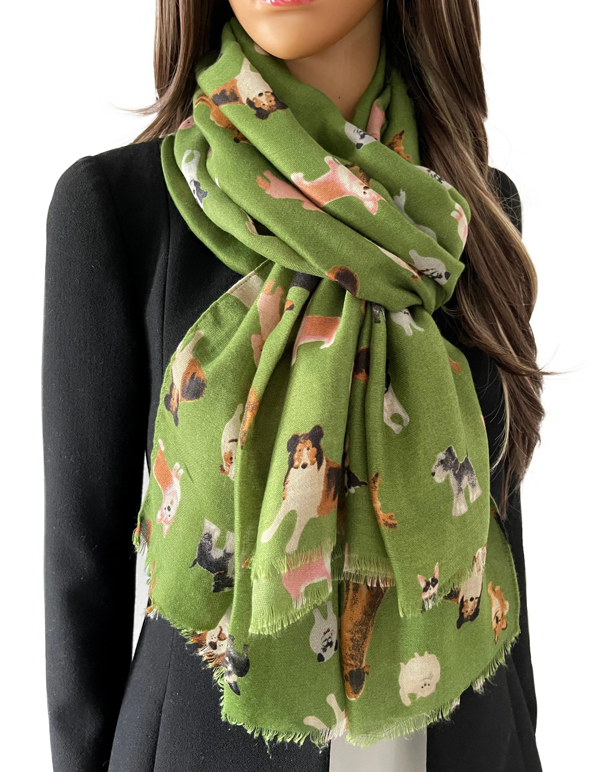 GREEN COTTON BLEND DOG PRINT LIGHTWEIGHT SCARF