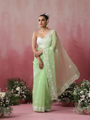 Green Cotton Kota Saree with Scallop Embroidery