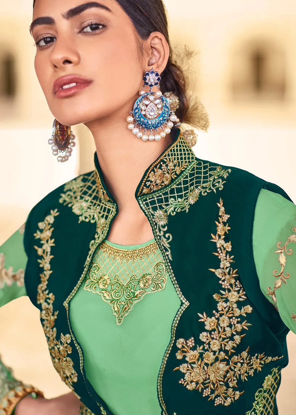 Green Designer Embroidered Georgette Anarkali with Jacket