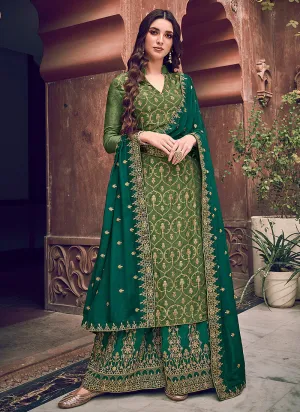 Green Designer Embroidered Palazzo Suit