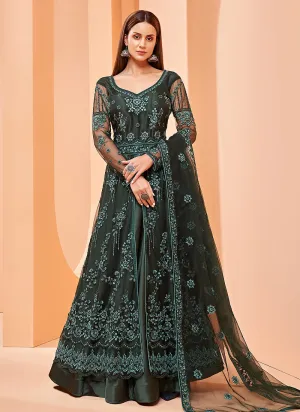 Green Designer Embroidered Slit Style Anarkali