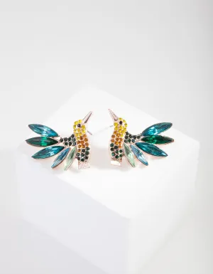 Green Diamante Gem Bird Earrings