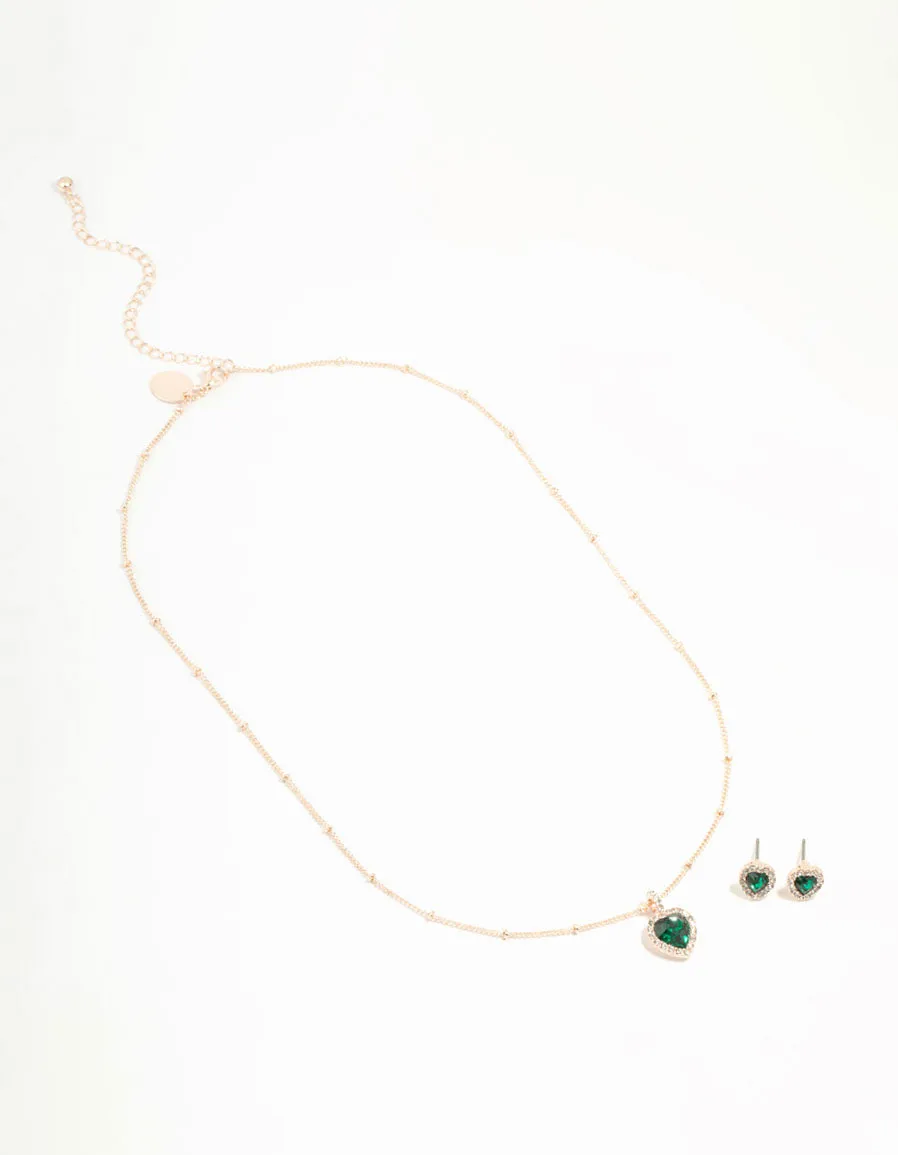 Green Diamante Heart Necklace & Stud Earrings Set