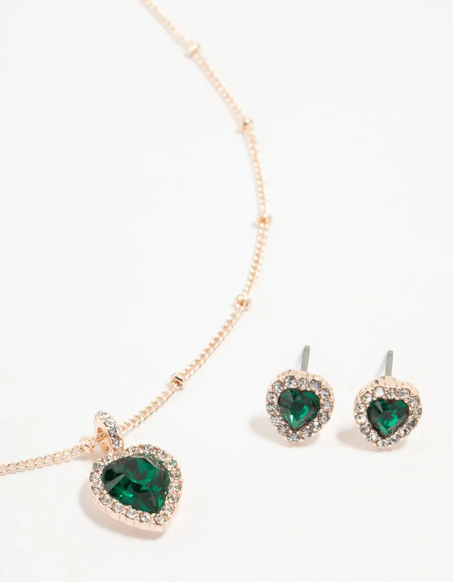 Green Diamante Heart Necklace & Stud Earrings Set