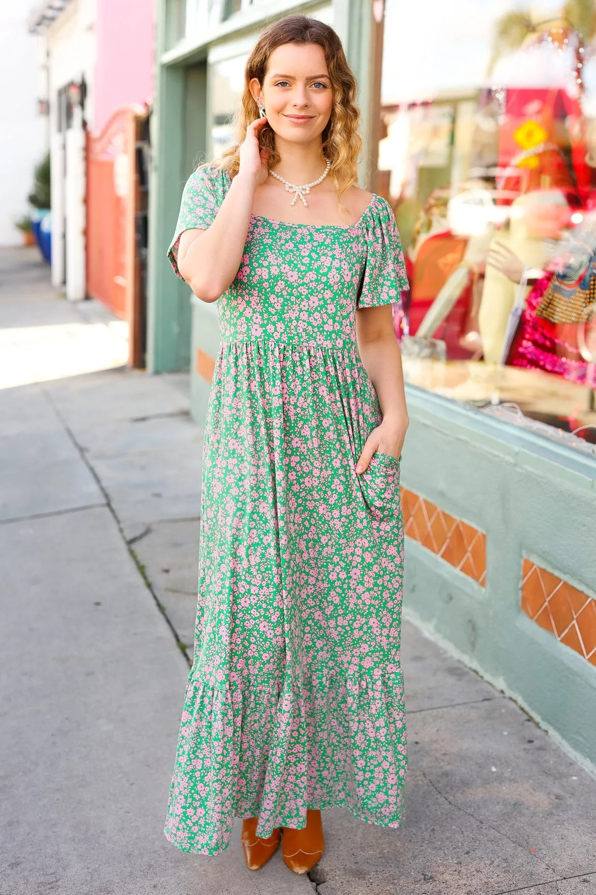 Green Ditsy Floral Fit & Flare Maxi Dress