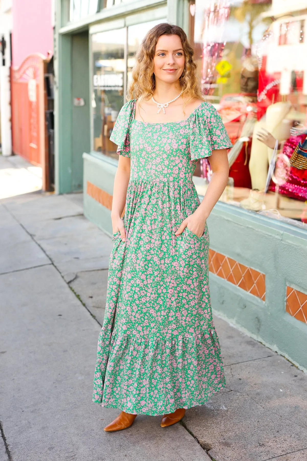 Green Ditsy Floral Fit & Flare Maxi Dress