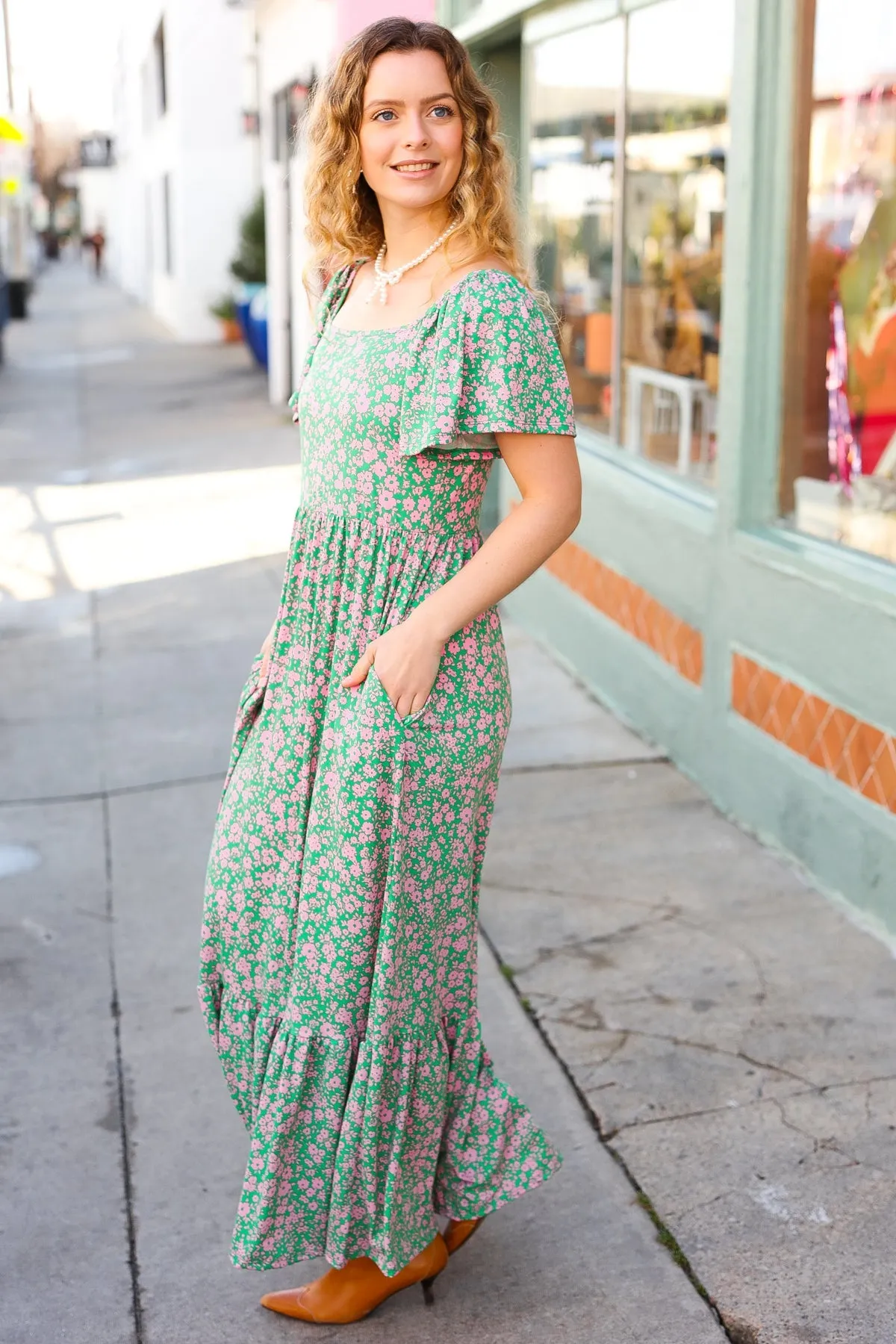 Green Ditsy Floral Fit & Flare Maxi Dress