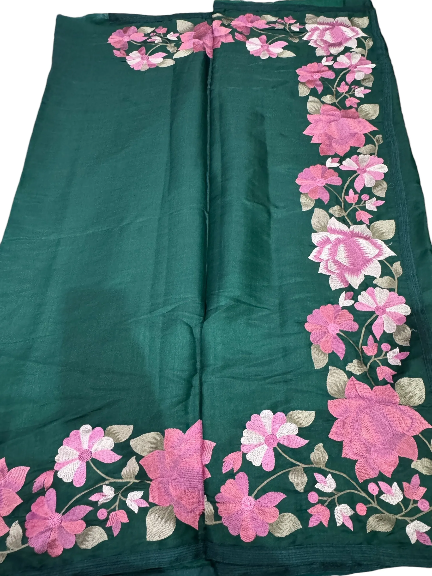 GREEN DOLA SILK TUSAR SAREE WITH INTRICATE FLORAL EMBROIDERY