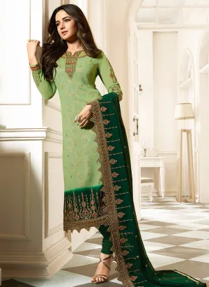 Green Dual Tone Ethnic Embroidered Pakistani Pant Suit