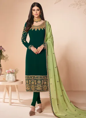 Green Dual Tone Multi Embroidered Churidar Suit