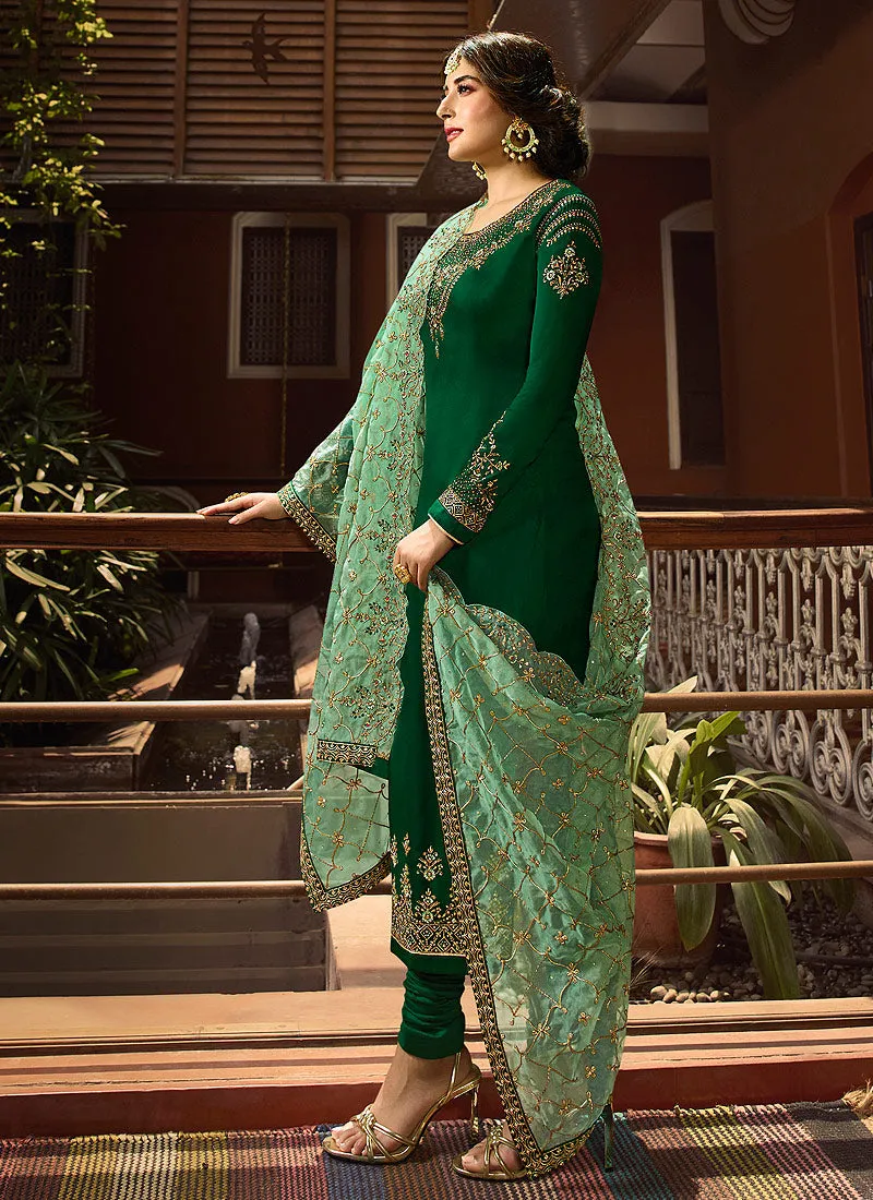 Green Dual Tone Multi Embroidered Designer Pakistani Pant Suit